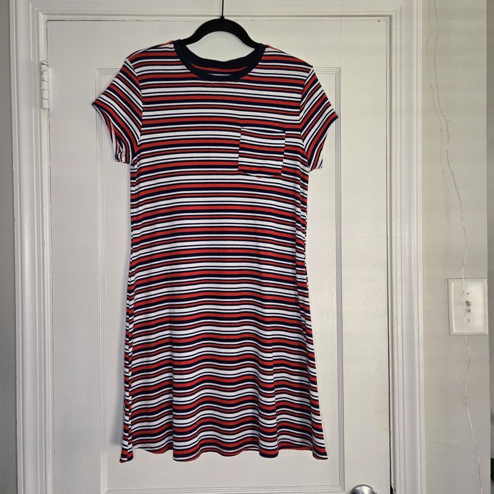 SO Striped Knit Dress Womens XL Red White Blue Short Sleeve Crew Neck Casual
